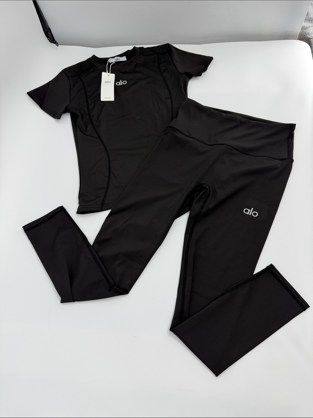 ALO Yoga Black High-Rise Leggings with Short Sleeve Top Set